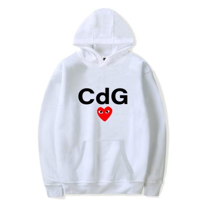 CDG Red Heart Front Print Hoodie White