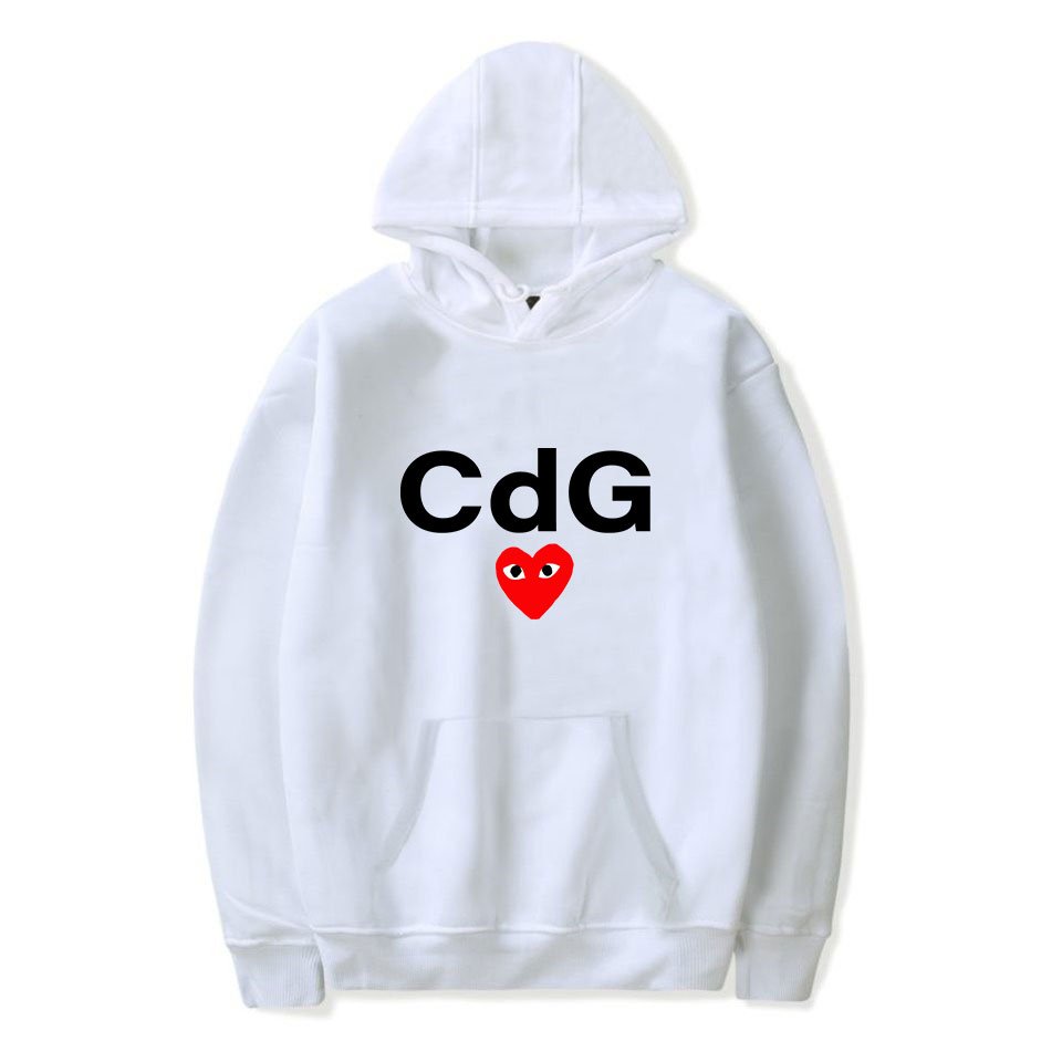CDG Red Heart Front Print Hoodie White